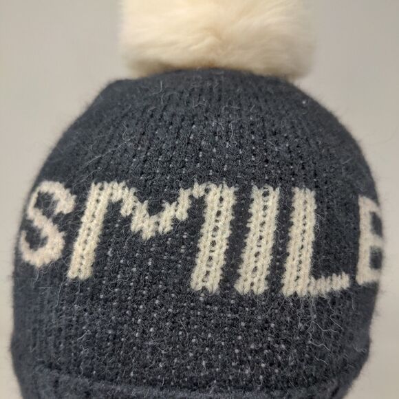 Unbranded Men's Knit Beanie Hat Black Acrylic Pomp Pom Smile Spell Out - Picture 4 of 11